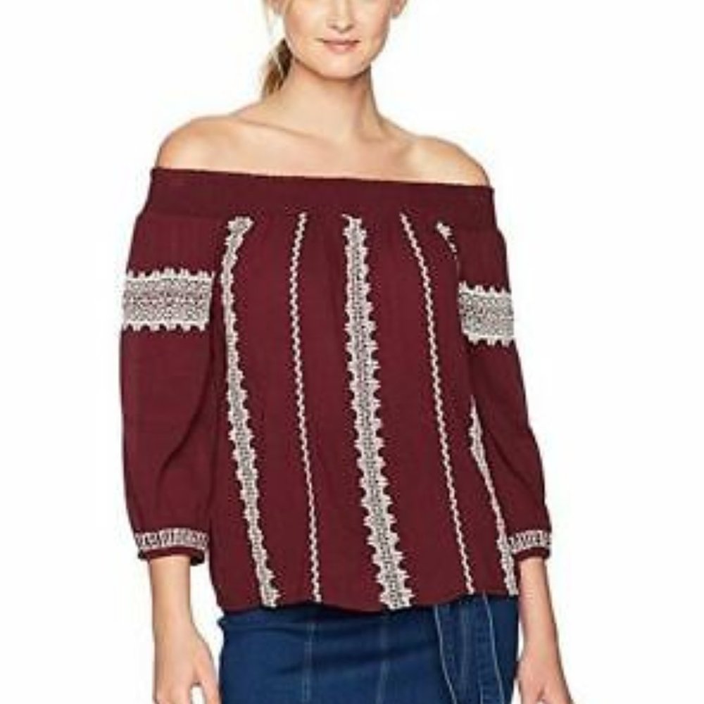 LUCKY BRAND Off-the-Shoulder Blouse Burgundy Plus